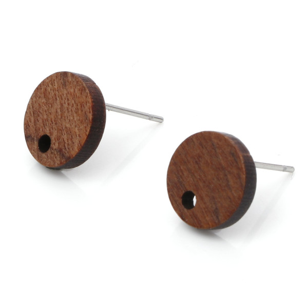 Boucles d'oreille, Puce Bois Ronde 10mm, avec trou d'attache