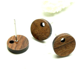 Boucles d'oreille, Puce Bois Ronde 10mm, avec trou d'attache