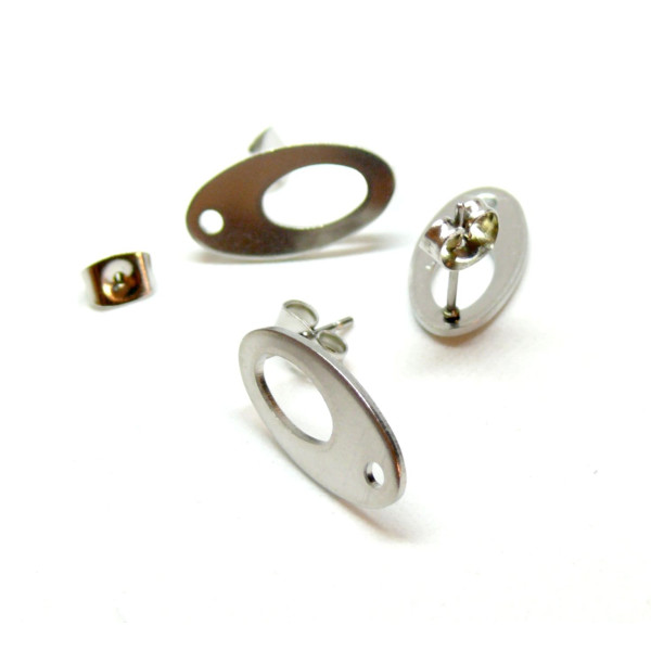 Boucles d'oreilles Ovale 18mm avec trou, Acier Inoxydable 304 finition Argenté,embouts poussoirs