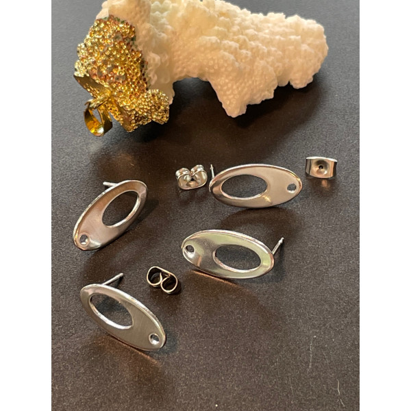 H11L232111P – Lot de 4 ou 8 Boucles d’Oreilles Puce Ovale 18 mm avec Trou – Acier Inoxydable Argenté – Avec Embouts Pouss