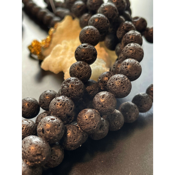 Perles Rondes 6mm, Pierre de lave NOIRE