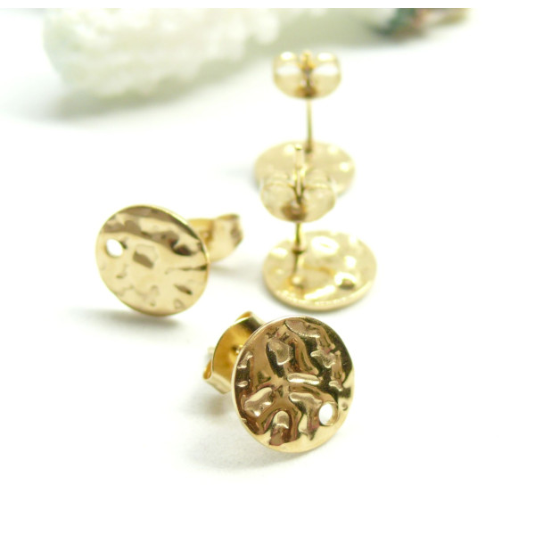 Boucles d'oreille Puces Rond Martelé 12.5mm – Acier Inox 304 Doré à l' Or fin 18K