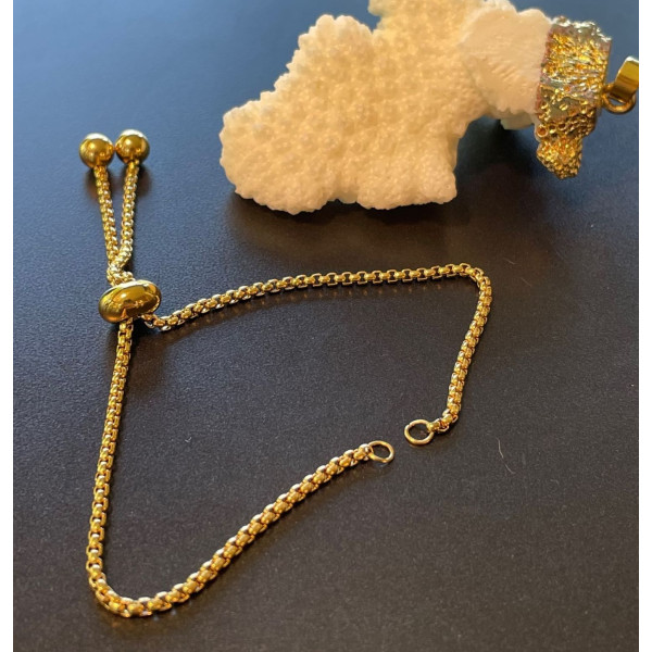 Bracelet Réglable, ajustable 22 cm, maille 1.8mm,  Acier Inoxydable 304, finition Doré à l'or fin 18K
