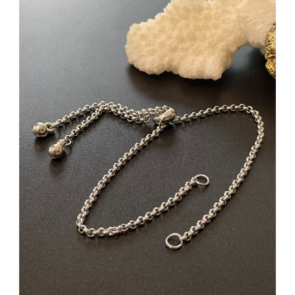 Bracelets Réglable, ajustable 26 cm, Maille 2mm, Acier Inoxydable 304 finition Argent Platine