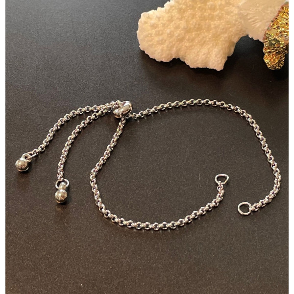 Bracelets Réglable, ajustable 26 cm, Maille 2mm, Acier Inoxydable 304 finition Argent Platine