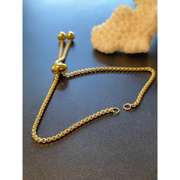 Bracelet Réglable, ajustable 26 cm, Maille 2mm, Acier Inoxydable 304 finition Doré