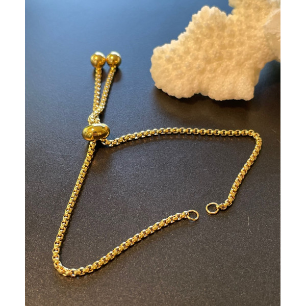 Bracelet Réglable, ajustable 26 cm, Maille 2mm, Acier Inoxydable 304 finition Doré