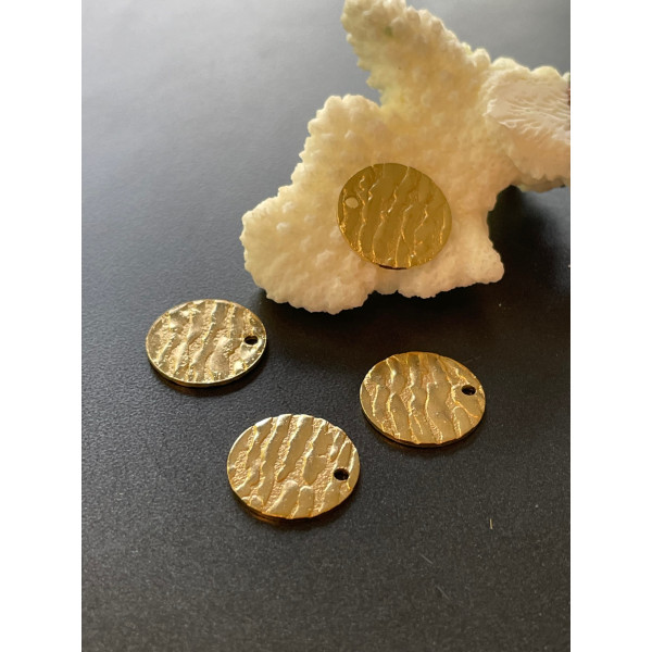 Pendentifs , Médaille Texturée  15mm, Acier Inoxydable 304 Doré, Placage IONIQUE