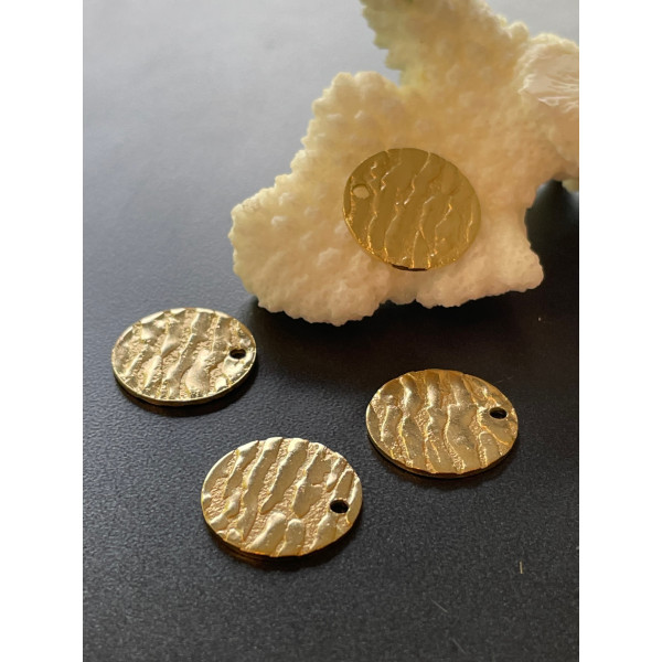 Pendentifs , Médaille Texturée  15mm, Acier Inoxydable 304 Doré, Placage IONIQUE