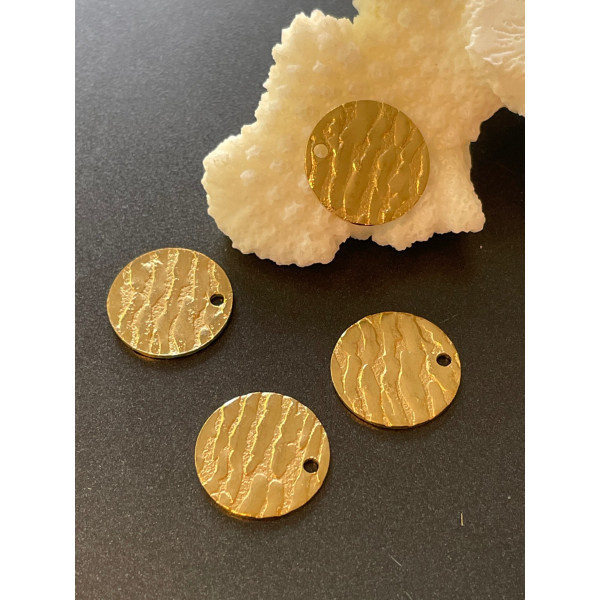 Pendentifs , Médaille Texturée  15mm, Acier Inoxydable 304 Doré, Placage IONIQUE