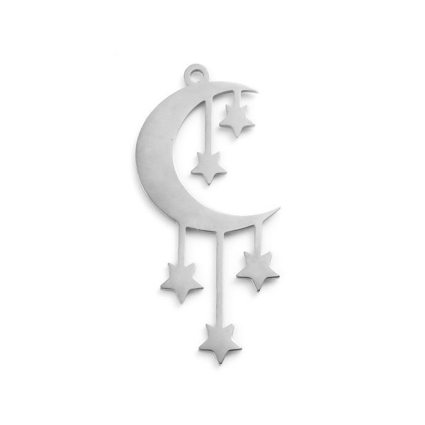 Pendentifs Etoile et Lune 42 mm, Acier Inoxydable finition Argenté
