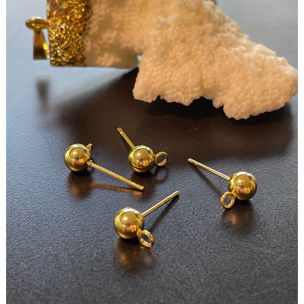Boucles d'oreille, Puces Bille 4mm avec attache, ACIER INOXYDABLE 316 Chirurgical, finition Doré à l'or fin 18K