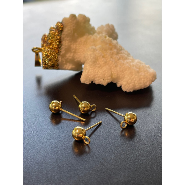 Boucles d'oreille, Puces Bille 4mm avec attache, ACIER INOXYDABLE 316 Chirurgical, finition Doré à l'or fin 18K