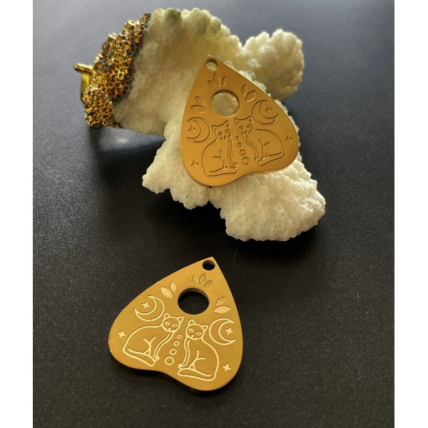 Pendentif , Médaille Coeur avec Lune et Chat 25mm, Acier Inoxydable 304 Doré, Placage IONIQUE PI