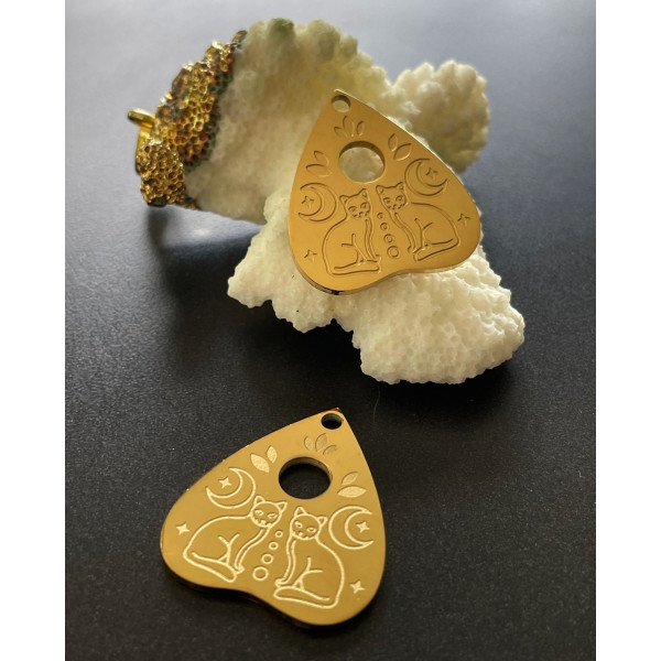 Pendentif , Médaille Coeur avec Lune et Chat 25mm, Acier Inoxydable 304 Doré, Placage IONIQUE PI