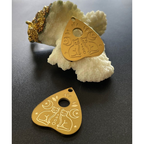 Pendentif , Médaille Coeur avec Lune et Chat 25mm, Acier Inoxydable 304 Doré, Placage IONIQUE PI