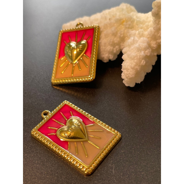 Pendentif Rectangle avec Coeur en résine émaillé, Acier Inoxydable 304, Doré à l'or fin 18K, placage IONIQUE