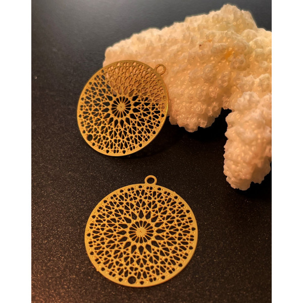 Estampes, pendentif filigrane, Mandala 20mm, Acier Inoxydable finition Doré à l'or fin 18K