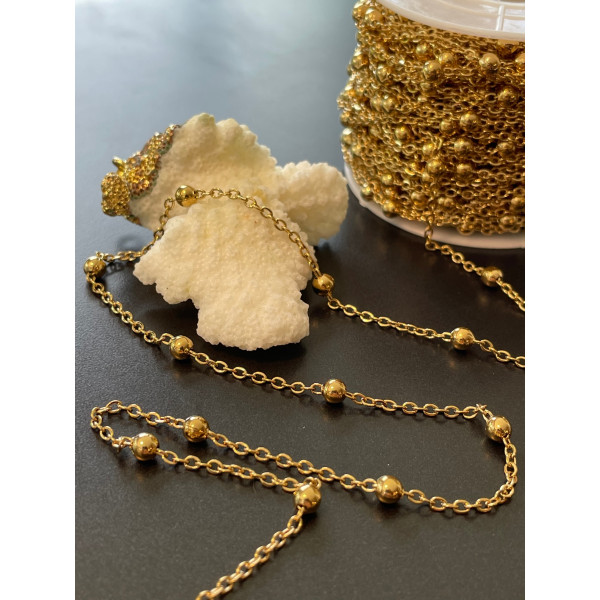 Chaine maille fine avec bille 4 par 3.5mm, Acier Inoxydable 304, finition Doré, Placage IONIQUE