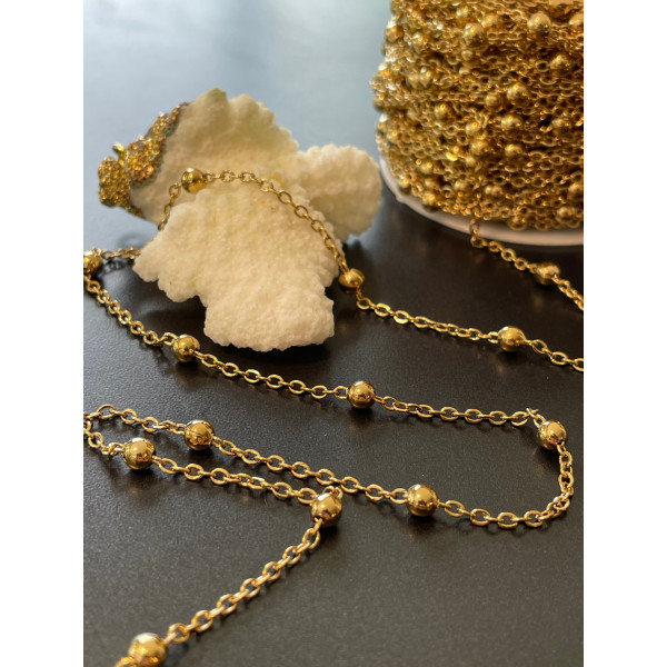 Chaine maille fine avec bille 4 par 3.5mm, Acier Inoxydable 304, finition Doré, Placage IONIQUE