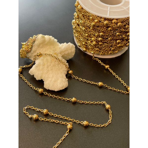 Chaine maille fine avec bille 4 par 3.5mm, Acier Inoxydable 304, finition Doré, Placage IONIQUE