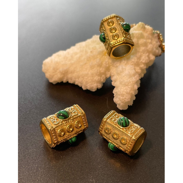 Perle intercalaire BOHO avec Malachite synthétique 14.5mm Trou 7mm, Acier Inoxydable, Doré à l'or fin 18K, PVD