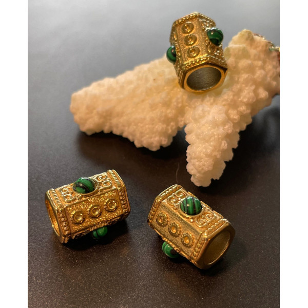 Perle intercalaire BOHO avec Malachite synthétique 14.5mm Trou 7mm, Acier Inoxydable, Doré à l'or fin 18K, PVD