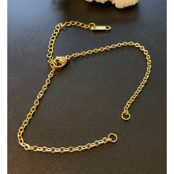 Bracelet ajustable avec chaine d'extension 18cm maille 2mm, Acier Inoxydable 304, Doré à l'or fin 18K