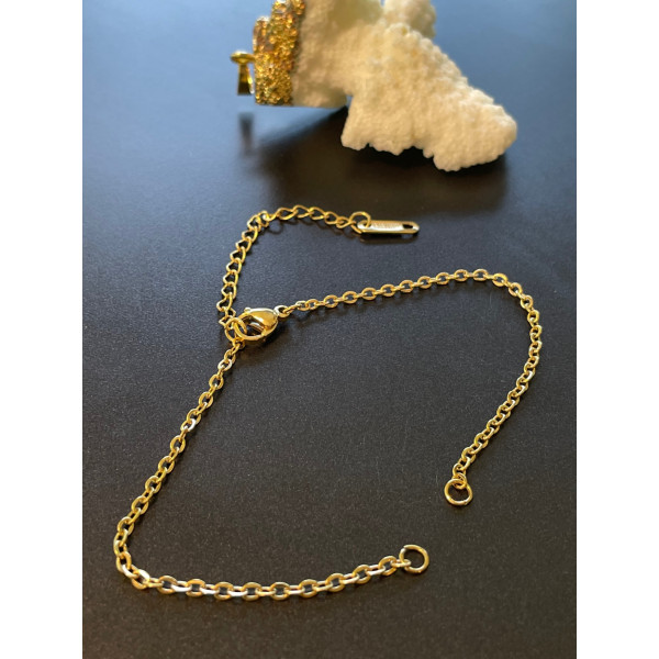 Bracelet ajustable avec chaine d'extension 18cm maille 2mm, Acier Inoxydable 304, Doré à l'or fin 18K