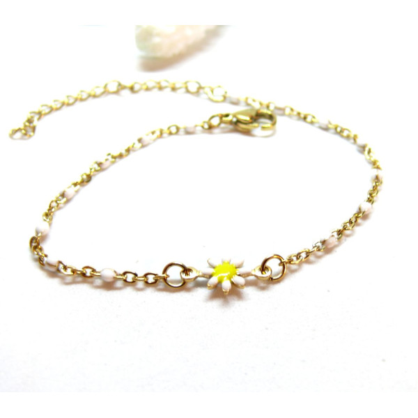 Bracelet Marguerite Fleur Blanche 22 cm, Acier Inoxydable 304  finition Doré