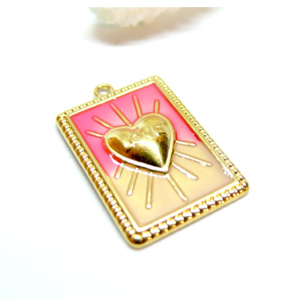 Pendentif Rectangle avec Coeur en résine émaillé, Acier Inoxydable 304, Doré à l'or fin 18K, placage IONIQUE