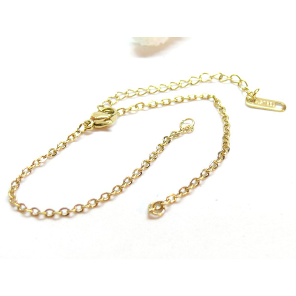 Bracelet ajustable avec chaine d'extension 18cm maille 2mm, Acier Inoxydable 304, Doré à l'or fin 18K