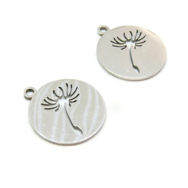 Pendentifs Médaillon Pissenlit 16 mm, Acier Inoxydable finition Argenté