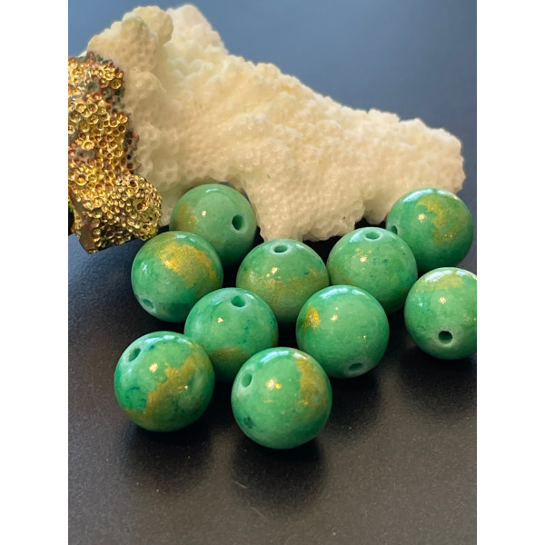 Perles Jade Mashan Ronde 10 mm, Vert mordoré