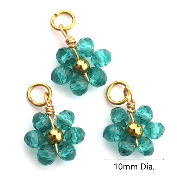 Pendentifs forme Fleur avec perles en verre Vert,  Acier Inoxydable 304 finition Doré