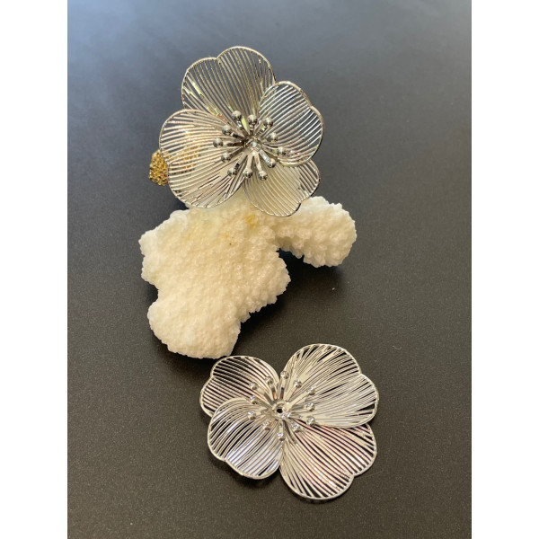 Estampes, pendentif Fleurs 3D filigrane 36mm, couleur Argenté