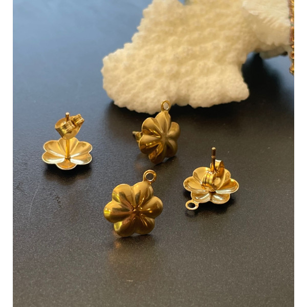Puces Fleurs 10mm avec attache et embouts poussoirs, ACIER INOXYDABLE 304,  finition Doré