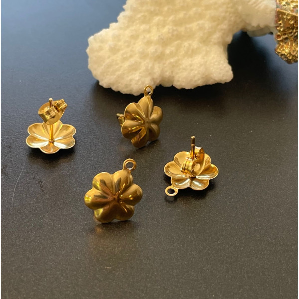 Puces Fleurs 10mm avec attache et embouts poussoirs, ACIER INOXYDABLE 304,  finition Doré