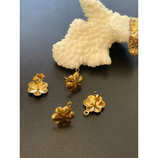 Puces Fleurs 10mm avec attache et embouts poussoirs, ACIER INOXYDABLE 304,  finition Doré