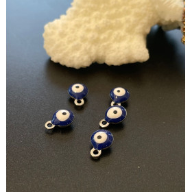 Pendentifs émaillés biface, Rond Bleu, Oeil Porte Bonheur 6mm Acier Inoxydable base Argenté
