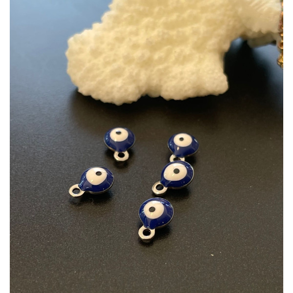 Pendentifs émaillés biface, Rond Bleu, Oeil Porte Bonheur 6mm Acier Inoxydable base Argenté