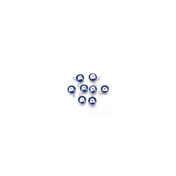 Pendentifs émaillés biface, Rond Bleu, Oeil Porte Bonheur 6mm Acier Inoxydable base Argenté