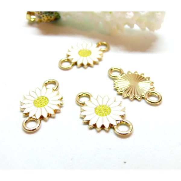 Connecteurs Marguerite résine émaillé 13mm Blanc base doré