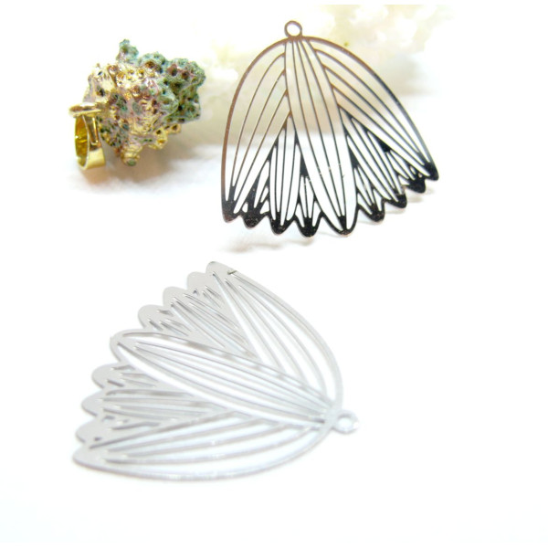 Estampes, pendentif filigrane Fleur Papyrus 28mm, Acier Inxoydable 304 finition  Argent Platine