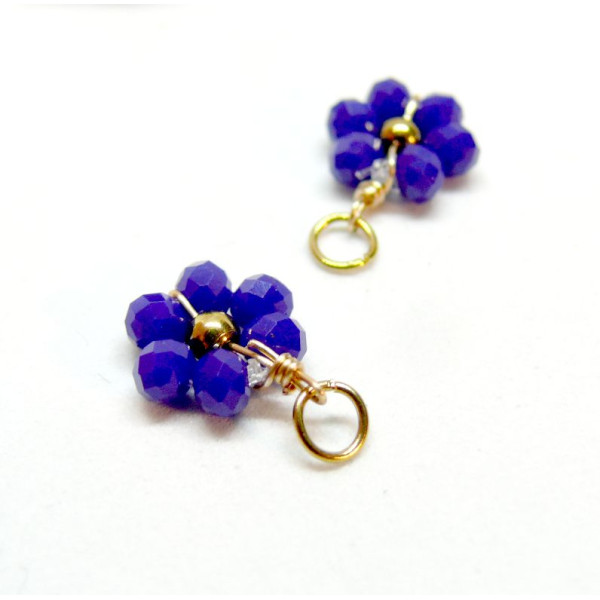 Pendentifs forme Fleur avec perles en verre Bleu,  Acier Inoxydable 304 finition Doré