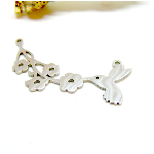 Connecteurs Oiseau, Colibri avec Fleurs 40mm – Acier Inoxydable 304 Argent Platine