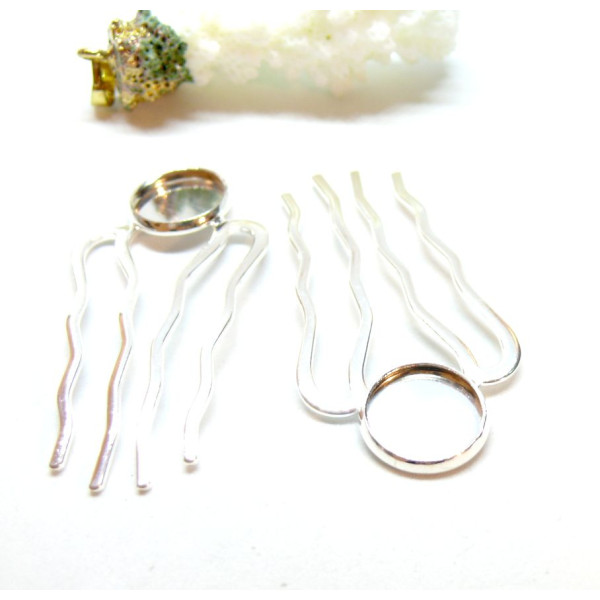Supports de Peignes à Cheveux 25x51mm, style Rétro pour cabochon en 12mm, métal finition Argent Vif