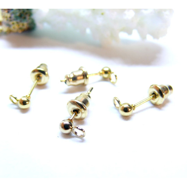 Boucles d'oreilles, Puce Bille 3mm avec accroche d' attache et poussoirs, Acier Inoxydable 304  Doré à l'or fin 18K