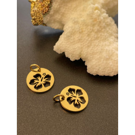 Pendentifs Médaille avec anneau, Fleur d'hibiscus, Acier Inoxydable 304, Doré à l'or fin 18K, placage IONIQUE