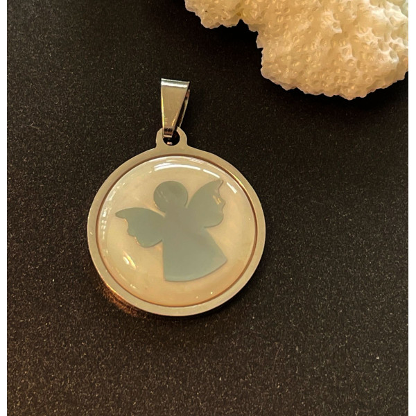 Pendentif, Médaillon Nacre Ange 23 mm, Acier Inoxydable coloris Argent